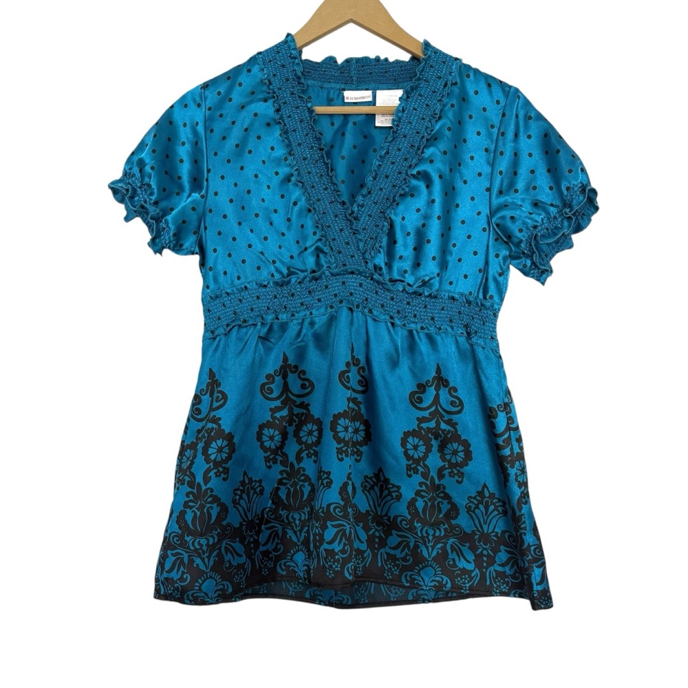 Vintage Y2K Size‎ Medium Blue Black Satin Puff Sleeve Babydoll Top Party Sexy